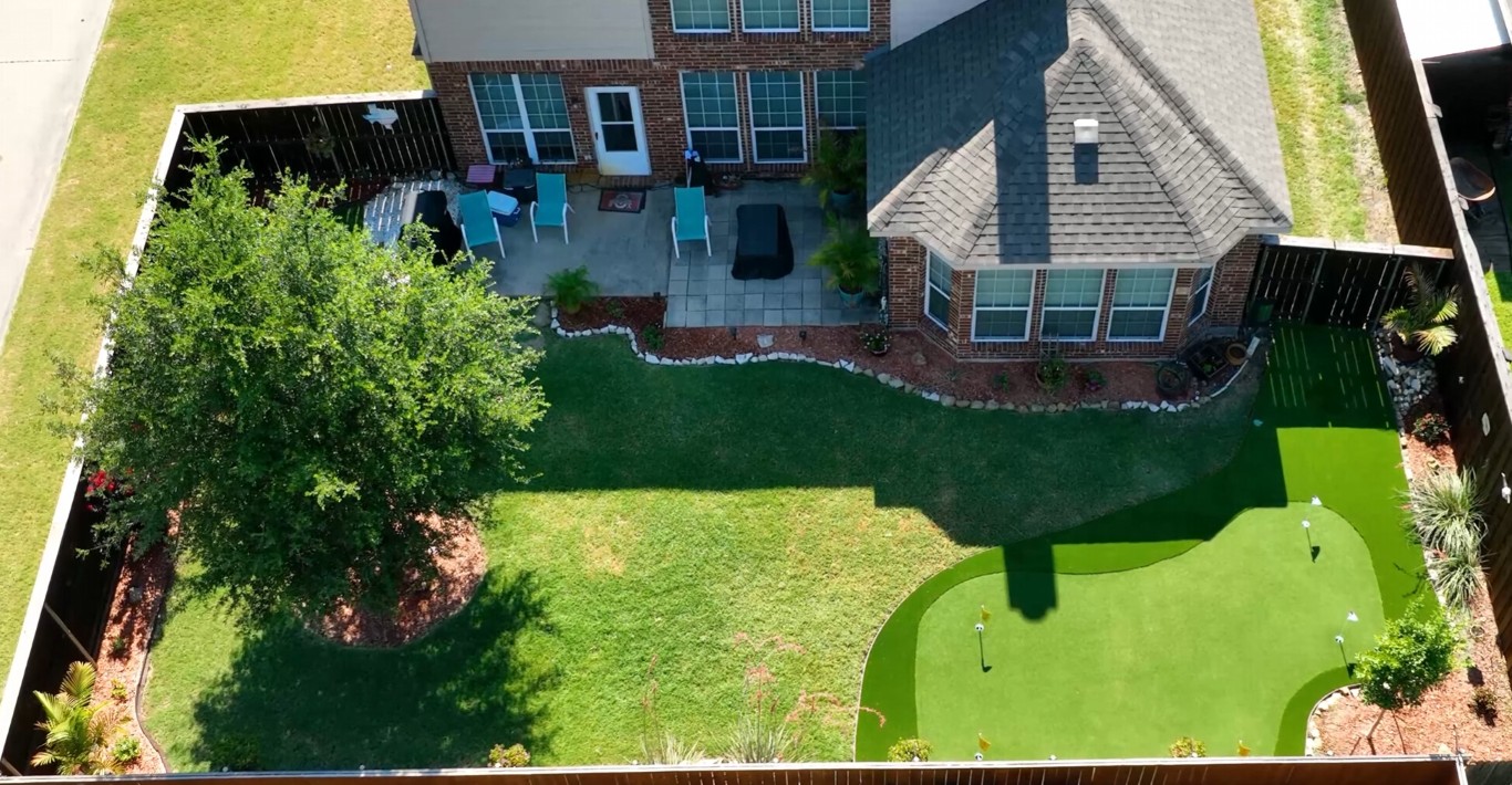 Custom backyard putting green installation aerial view in Bellevue, NE